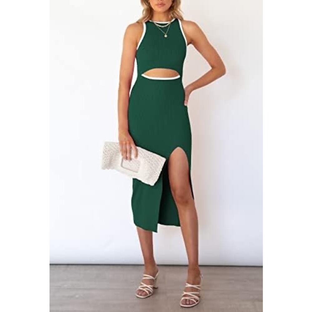 Cutout Ribbed Bodycon With Slit Midi Dress Green White Trim S